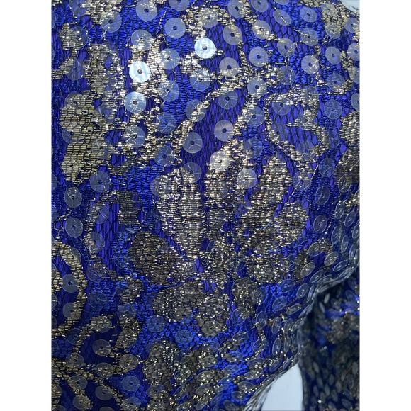 Vintage Tadashi Dress Blue Gold Sequin Long Sleeve V Neck Embellished Ru… - Picture 5 of 10